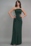 Green one-shoulder jersey evening dress embroidered with crystals