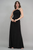 Black one-shoulder jersey evening dress embroidered with crystals