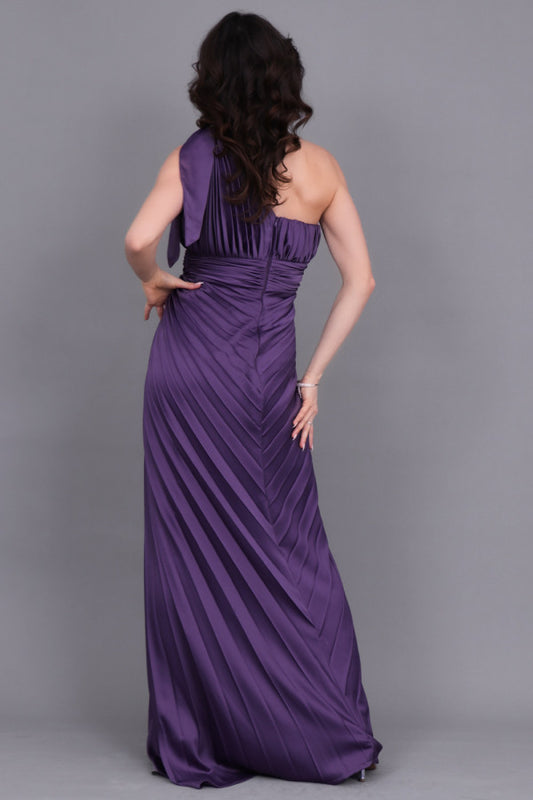 Purple one-shoulder satin Perkins evening dress