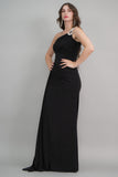 Black one-shoulder jersey evening dress embroidered with crystals