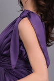 Purple one-shoulder satin Perkins evening dress