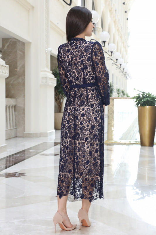 Hayran sleeve lace midi dress, navy blue 