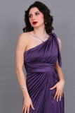 Purple one-shoulder satin Perkins evening dress