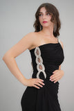 Black one-shoulder jersey evening dress embroidered with crystals