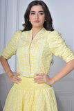 Yellow blouse and skirt set with split design