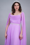 Soft evening dress with cape sleeves and an embroidered belt, lavender color