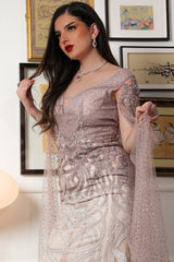 Embroidered evening dress with cape sleeves, pink color