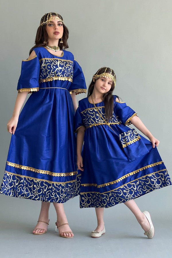 Girls' Shantoun jalabiya embroidered with Islamic patterns, blue