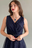 Short evening dress made of mesh tulle with sequins, navy blue