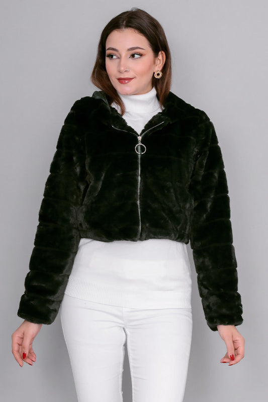 Olive color high-west hooded fur jacket