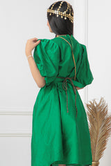 Girls' oriental galabiya, embroidered with puff sleeves, green 