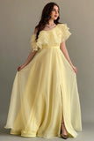 Yellow one-shoulder cloche dress with layers of ruffles