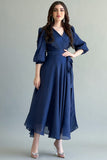 Chiffon wrap dress with tie at the waist, navy blue