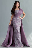 One-shoulder embroidered evening dress, mauve color