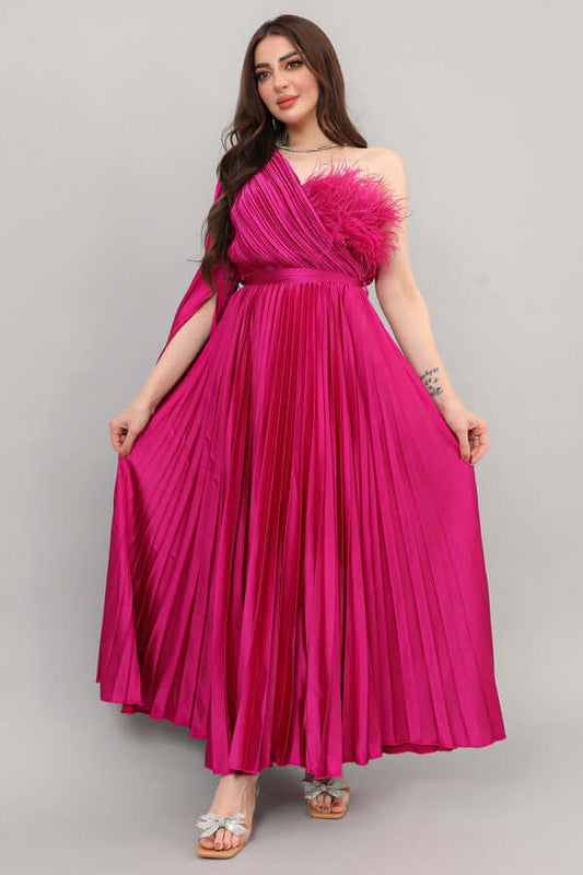 One-shoulder cape-sleeve plaid dress in fuchsia color