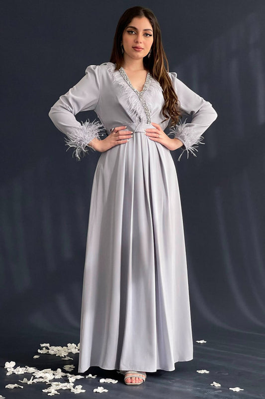 Gray feather crystal crepe dress