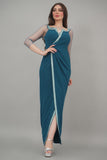 Maxi dress with tulle sleeves decorated with a turquoise crystal ribbon