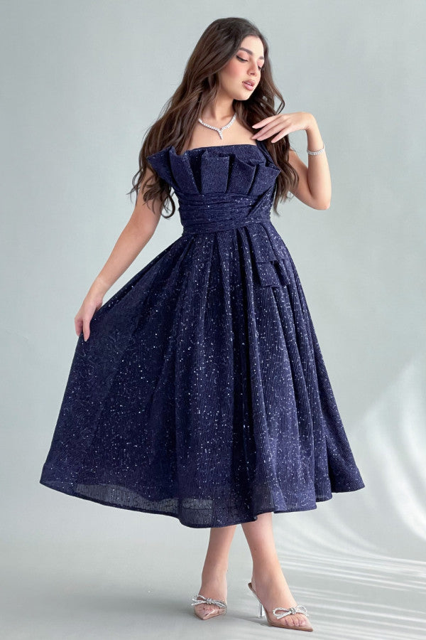 Evening dress with a cloche design and pleats on the chest, navy blue