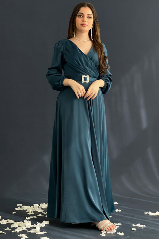 Classic dress with a waist belt, petrol color