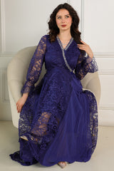 Lace cloche dress decorated with crystals and feathers, navy blue
