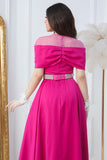 Off shoulder embroidered midi dress in fuchsia