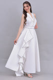 White crystal embroidered pleated evening dress