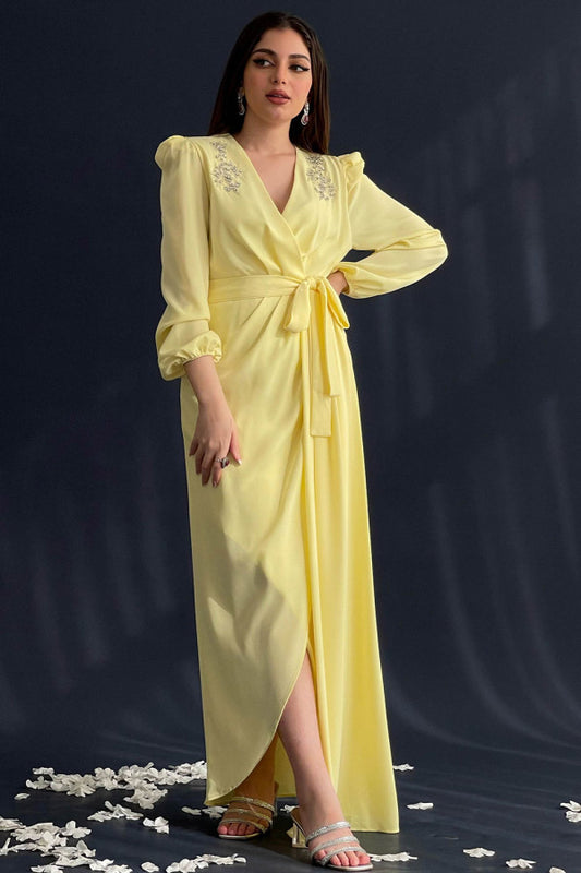 Yellow embroidered wrap dress