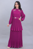 Layered dress with embroidered collar, mauve color