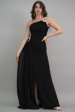 Black one-shoulder jersey evening dress embroidered with crystals