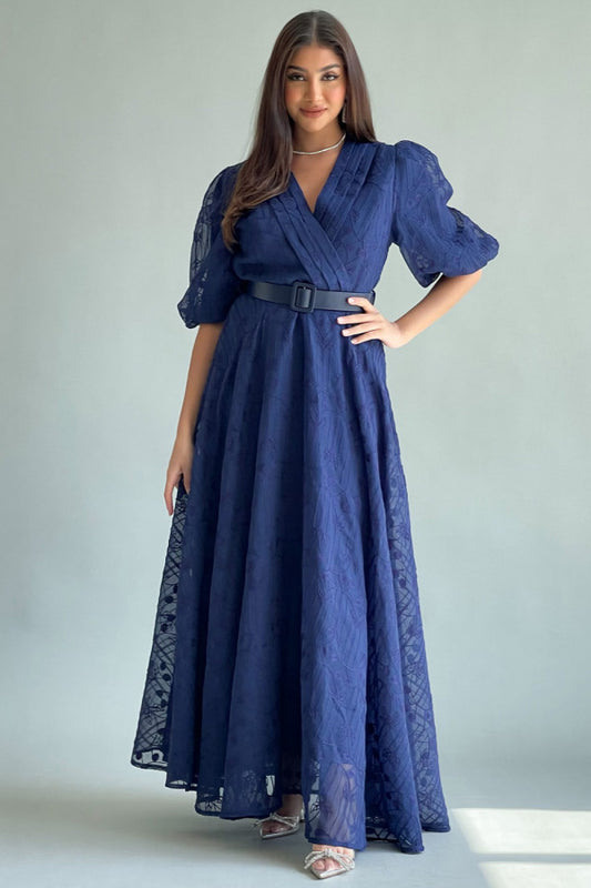 Long navy blue embroidered cloche dress