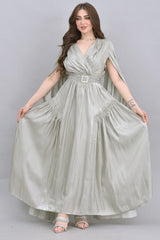 Metallic dress with pistachio cape sleeves