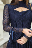 Lace midi dress with velvet belt, navy blue 