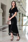 Black velvet wrap dress with belt 