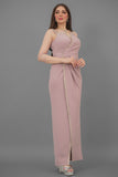 Pink maxi dress with tulle sleeves decorated with crystal ribbon