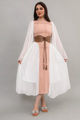 Beige pleated solid midi dress