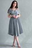 Short evening dress with pleats and off-shoulder collar, olive color