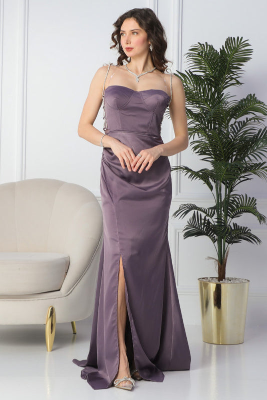 Satin dress with crystal band and sides in mauve color