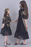 Girls' oriental jalabiya with open shoulder, embroidered, black