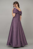 Mikado taffeta evening dress with bow sleeves, mauve color