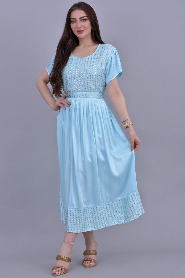 Jalabiya with embroidered pleated design with a sky-blue belt