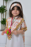 Girls' linen robe with green patterns on the back, decorated with brick-coloured tassels 