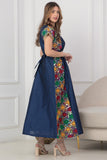 Shantoon robe, embroidered with colorful geometric patterns, navy blue 