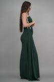 Green one-shoulder jersey evening dress embroidered with crystals