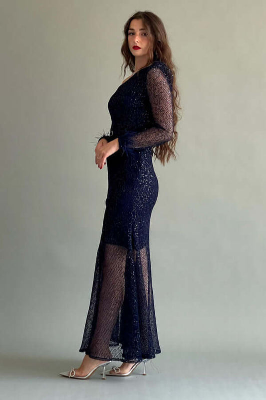 Asymmetric shoulder sequin dress decorated with feathers, navy blue