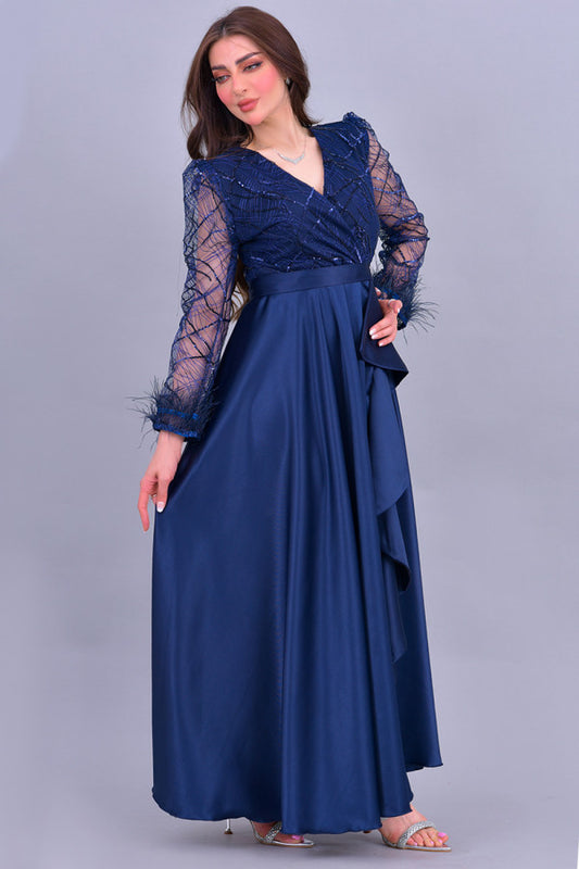 Long dress with sequined bodice and feathers, navy blue