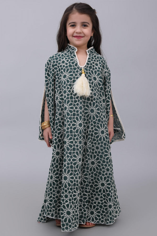 Girls embroidered oriental galabiya with wide sleeves, green color