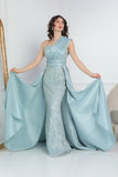 One shoulder embroidered evening dress in Tiffany color