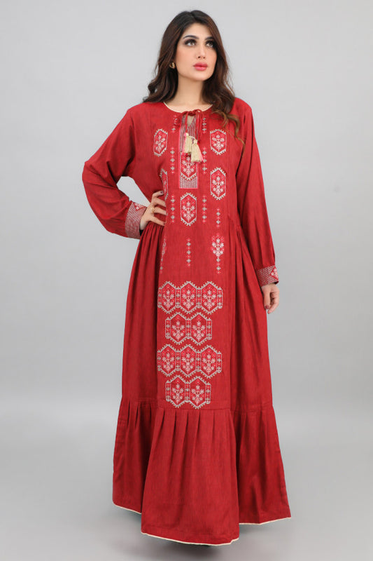 Jalabiya with golden embroidery and pleated design on the sides, Oud color