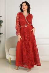 Lace cloche dress decorated with crystals and orange feathers