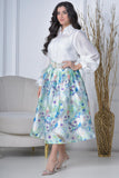 Floral blouse and skirt set with a Lulu belt, green and white 